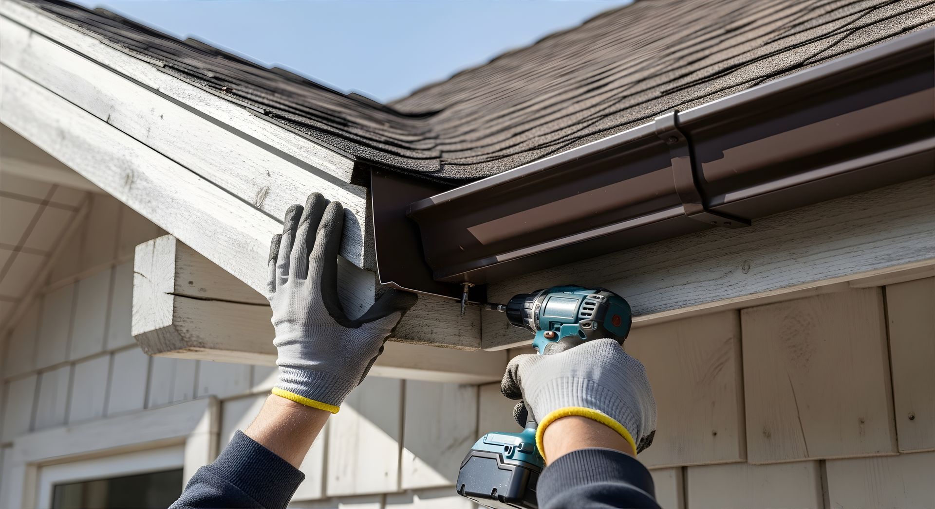 Une personne installe une gouttière brune à l'aide d'une perceuse électrique sur le bord d'une maison ; elle porte des gants.