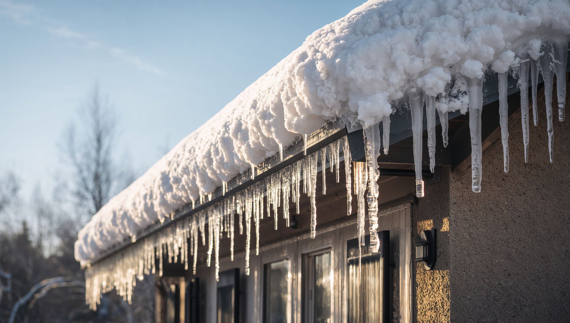 Toit enneigé avec de grandes stalactites de glace suspendues au soleil.