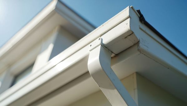 Gouttière et descente pluviale d'une maison blanche sur fond de ciel bleu.