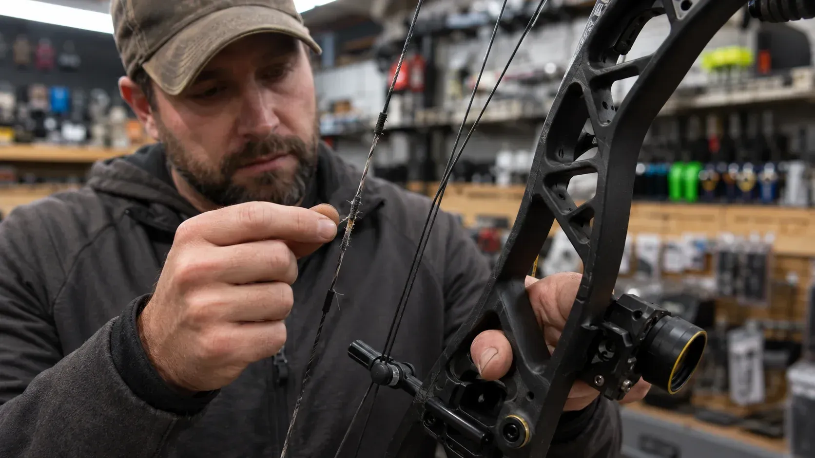 Archer inspecting a bowstring in a shop: how do you know if your bowstring needs replacing?
