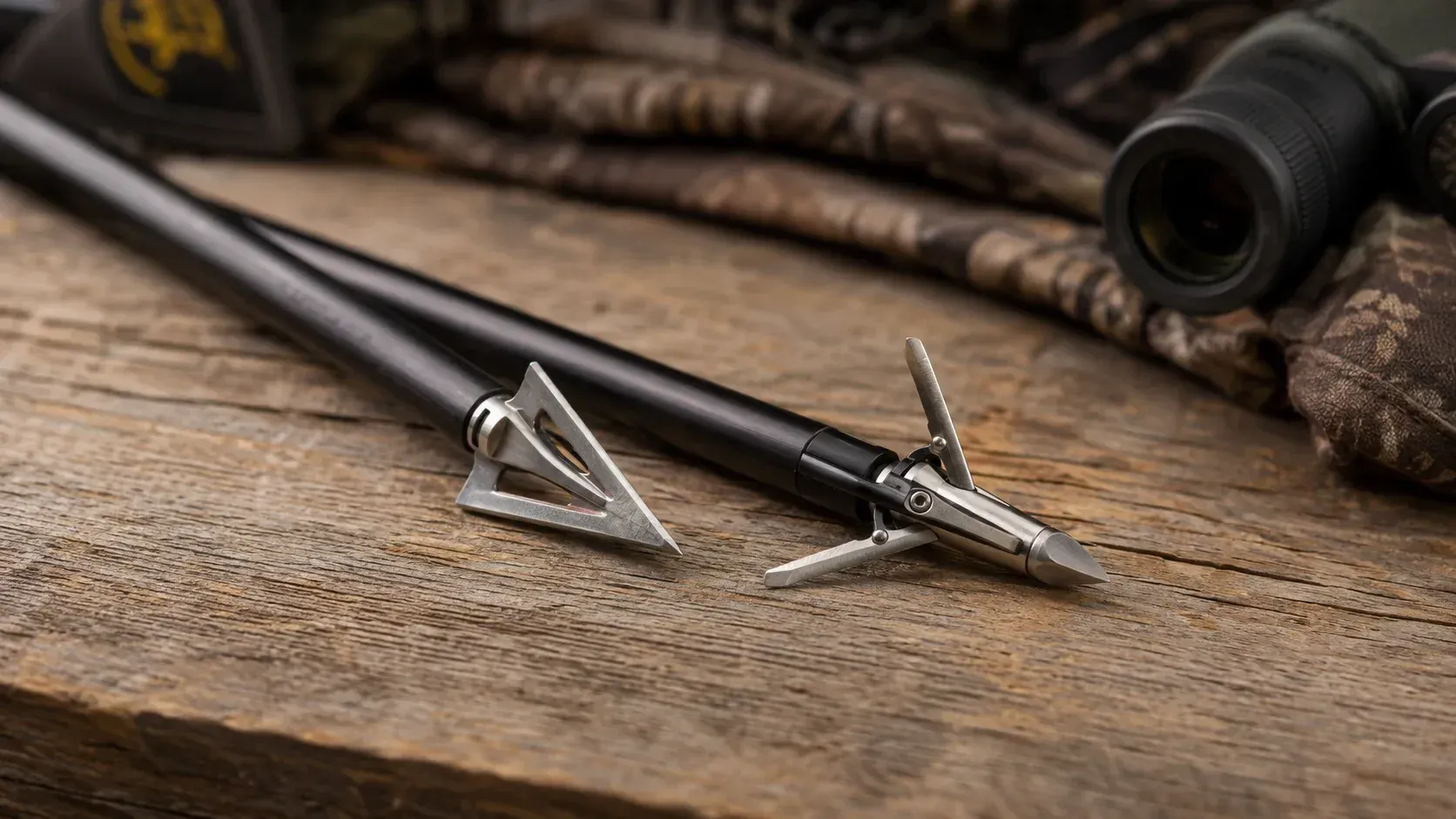 Comparing arrows to show what's the difference between fixed and mechanical broadheads.