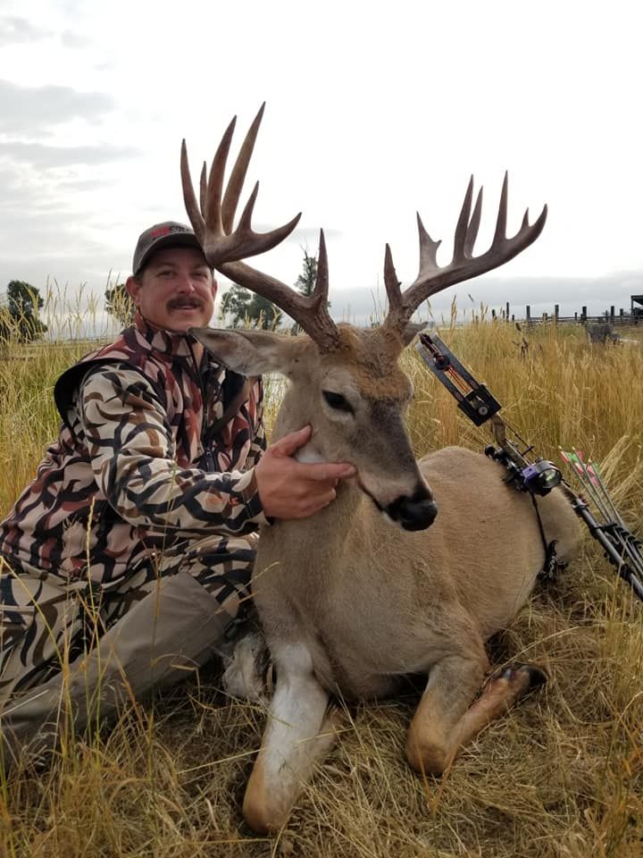 Hunter kneeling beside a large deer in a grassy field, with a bow visible nearby