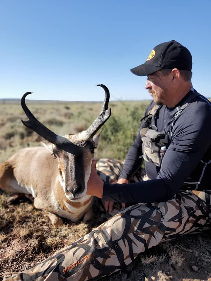 Man sitting beside a horned antelope in a grassy field under a clear blue sky