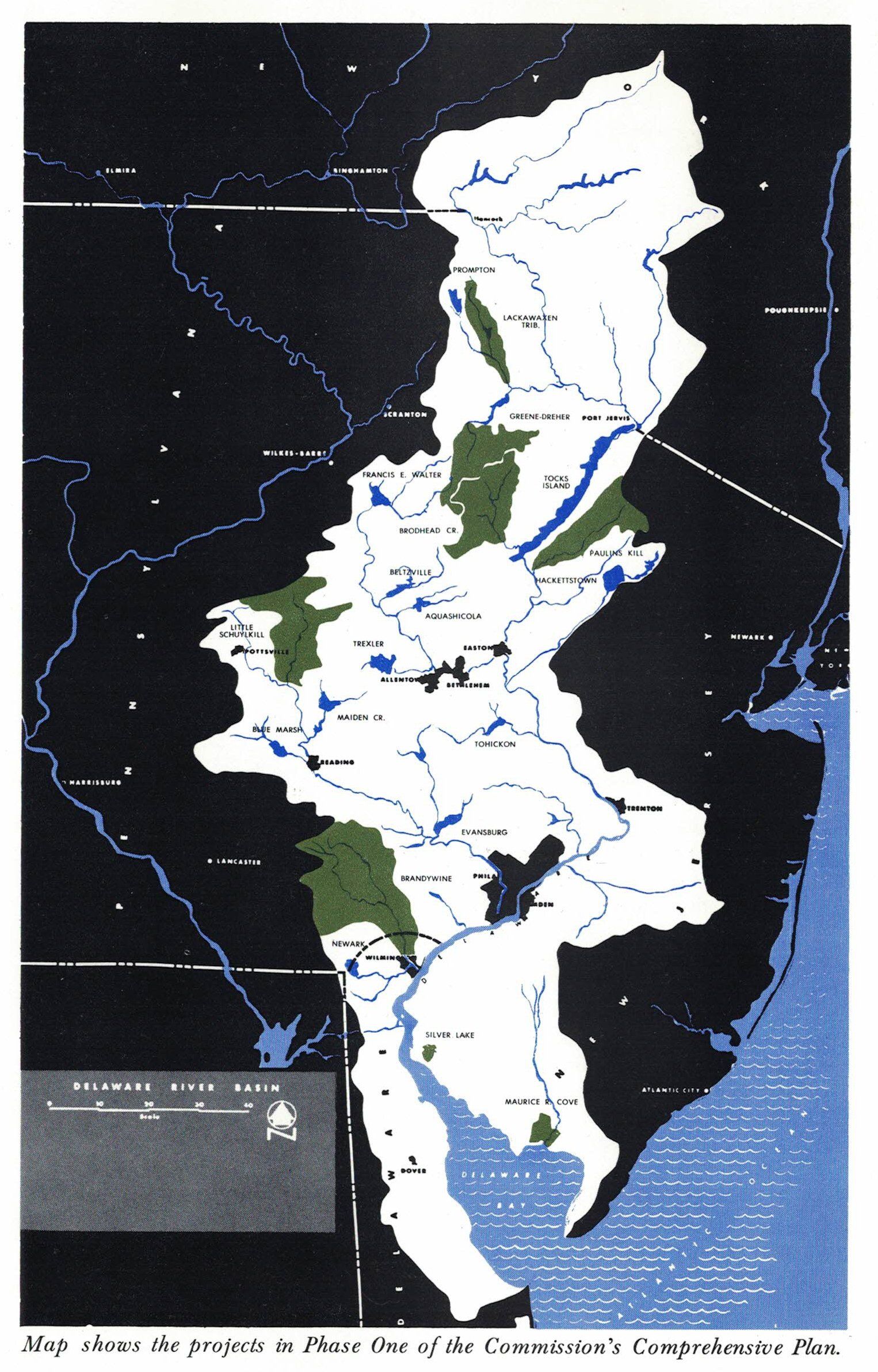 Eleven projects contained in the Delaware River Basin Commission's first comprehensive plan are shown on a map, including the Tocks Island dam.
