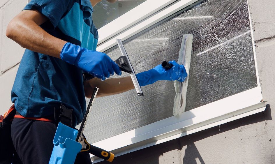 A man is cleaning a window with a squeegee.