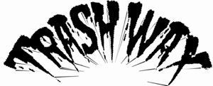 A black and white logo for trash wax is on a white background.