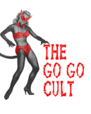 A woman in a bikini is standing next to the words the go go cult.