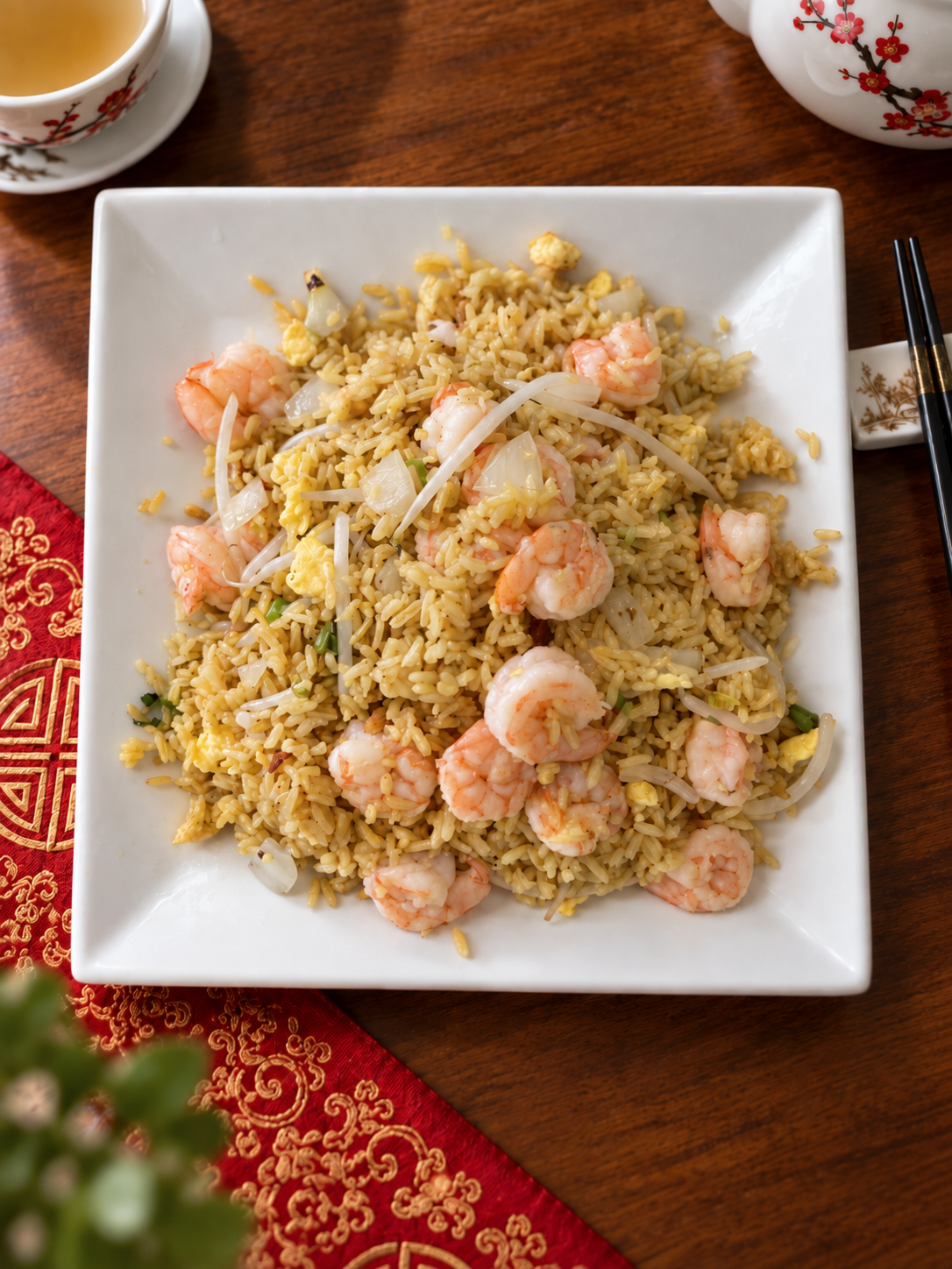 Shrimp fried rice on a white square plate with chopsticks on a wooden table