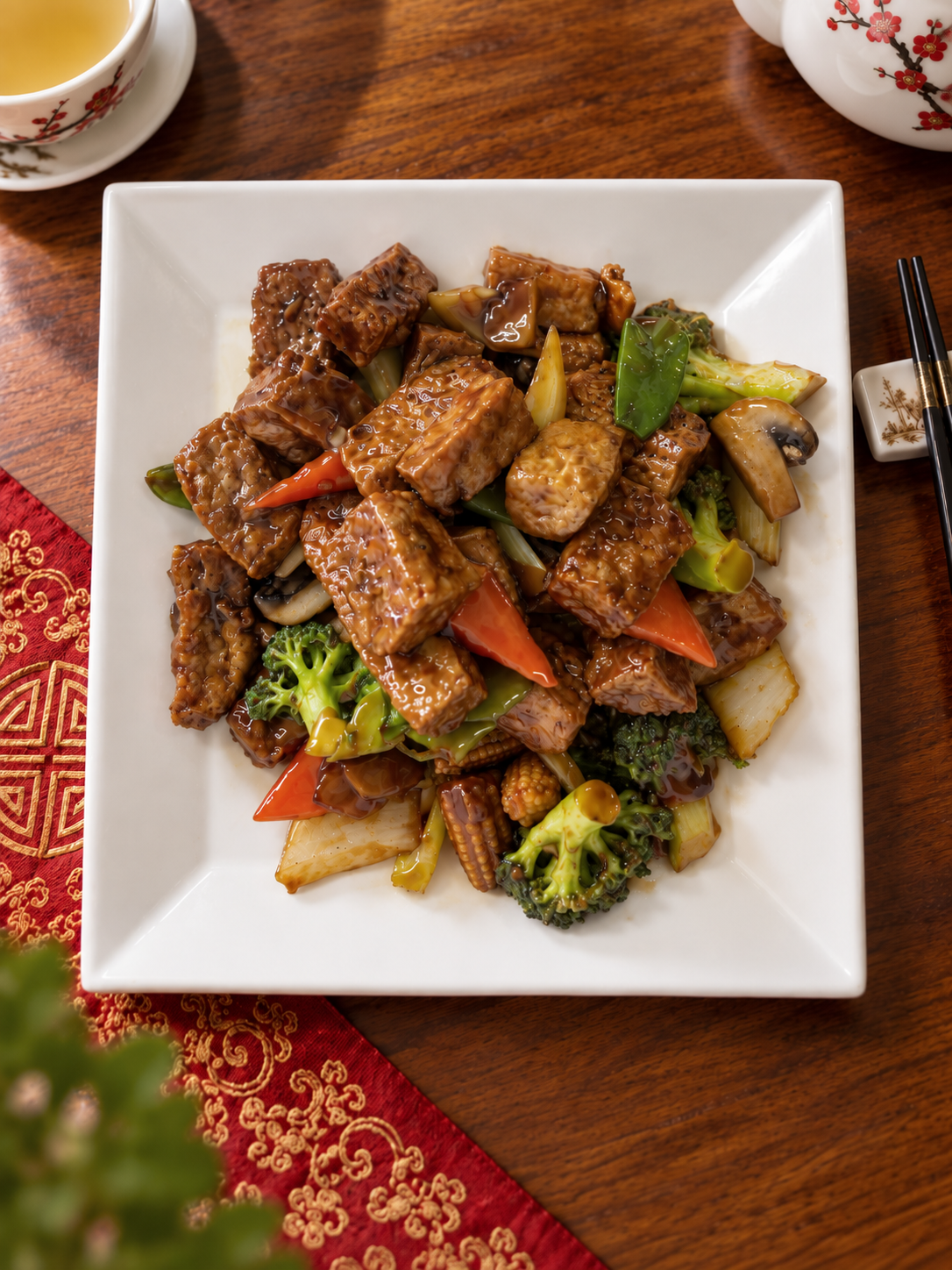 Stir-fried beef and vegetables in a white square bowl on a red patterned tablecloth