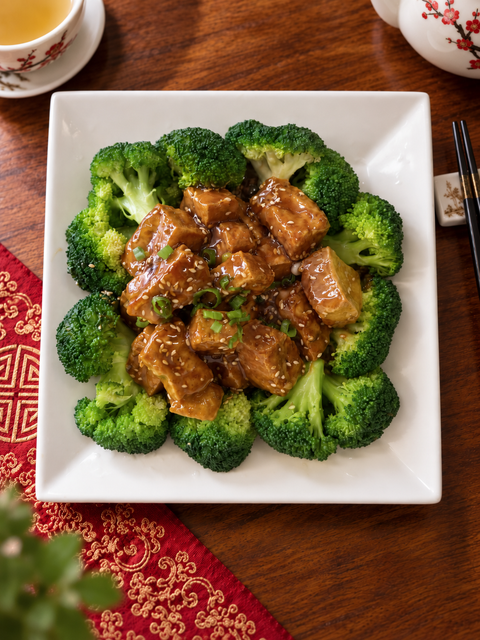Broccoli ring topped with saucy browned meat on a white square plate