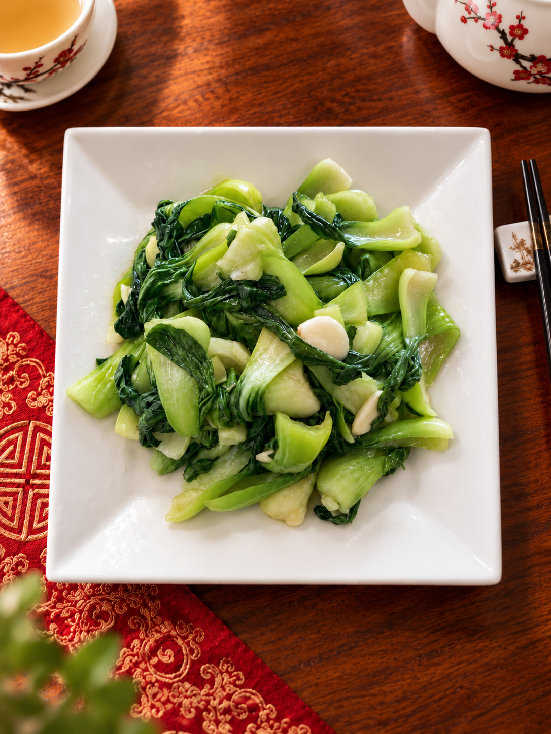Plate of sautéed bok choy on a wooden table with a red patterned cloth nearby