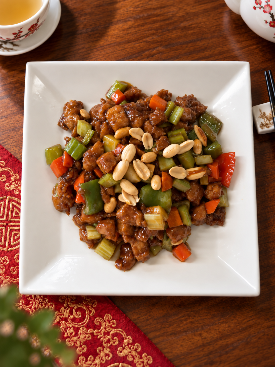 Square plate of stir-fried meat and vegetables topped with peanuts on a wooden table, with tea nearby