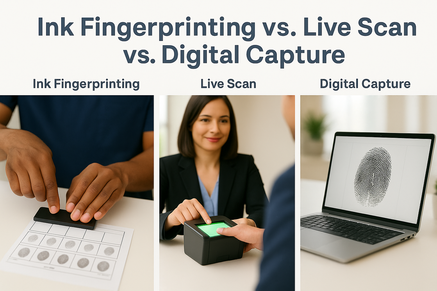 Ink fingerprint card, live scan device, and digital print method side-by-side.