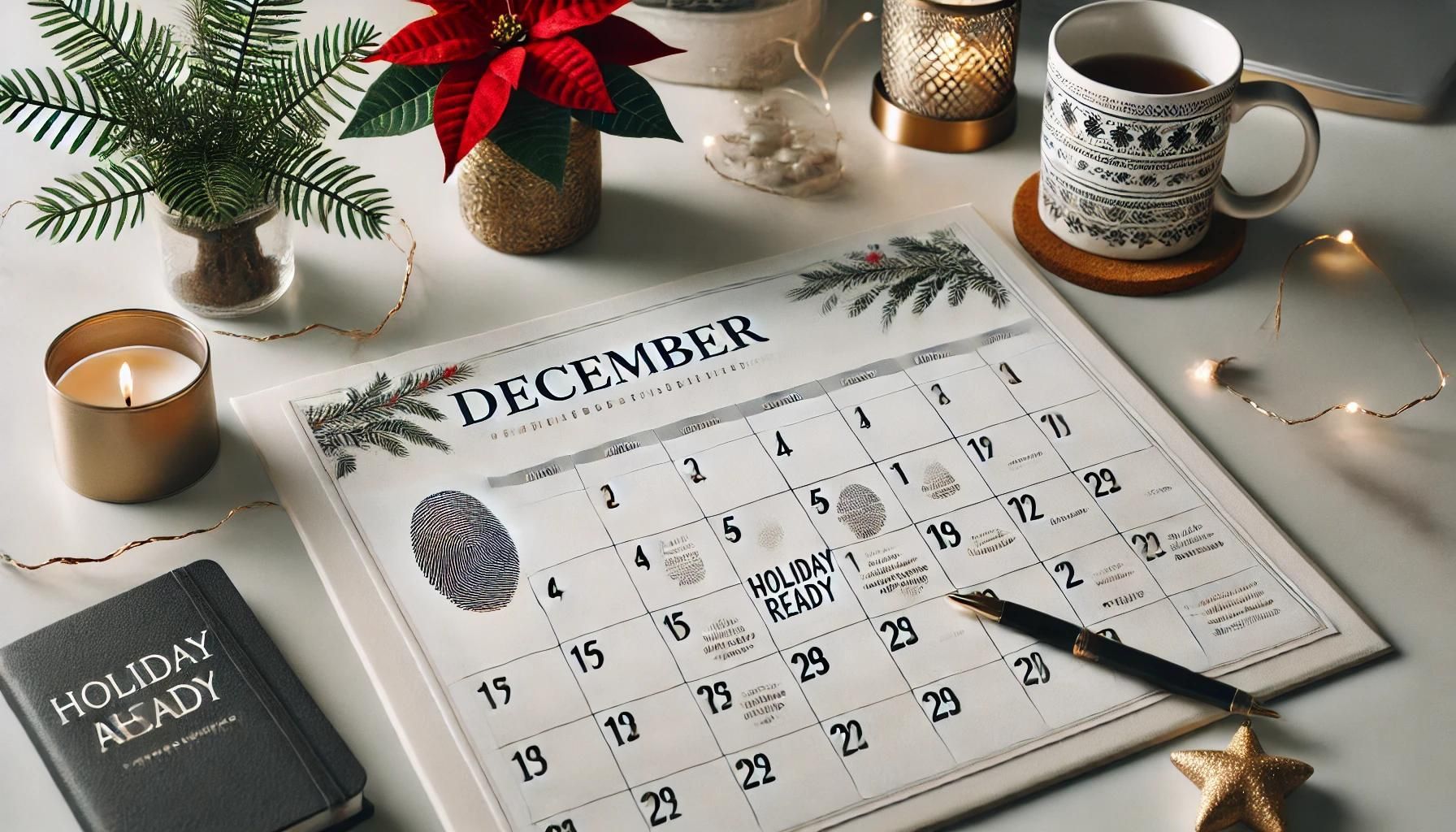 A calendar is sitting on a table next to a cup of coffee and candles.