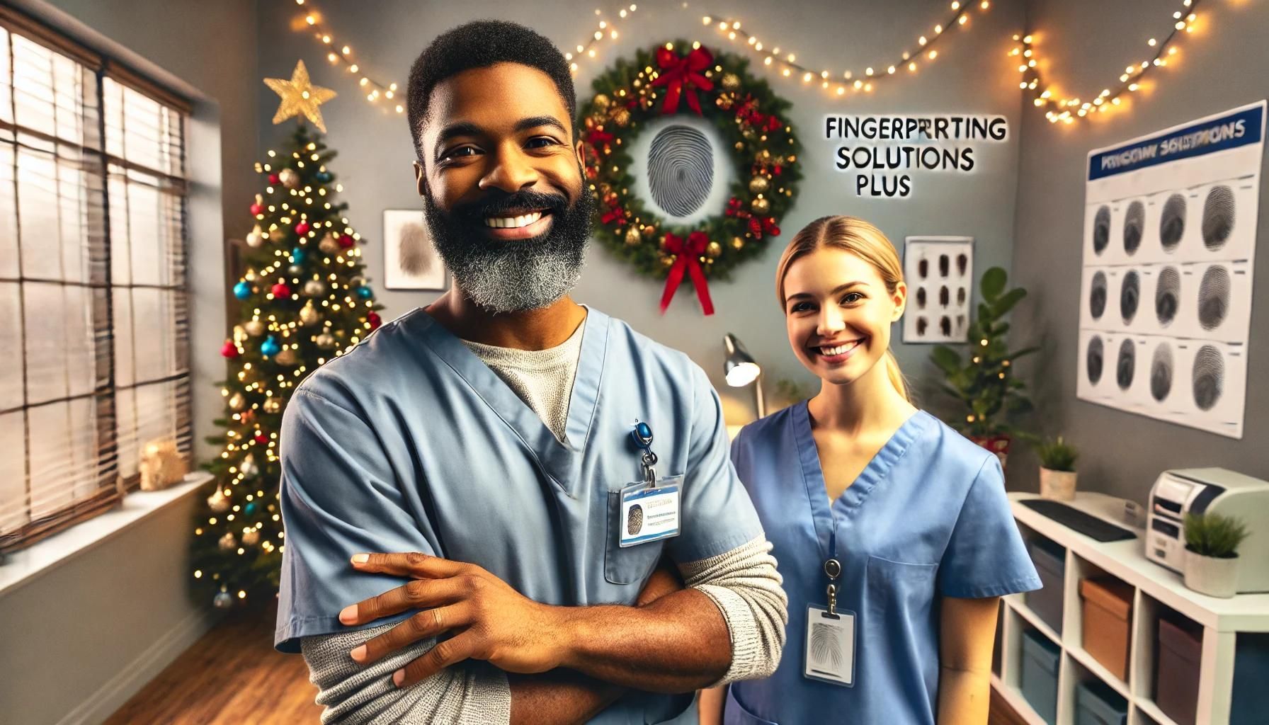 A man and a woman are standing next to each other in front of a christmas tree.