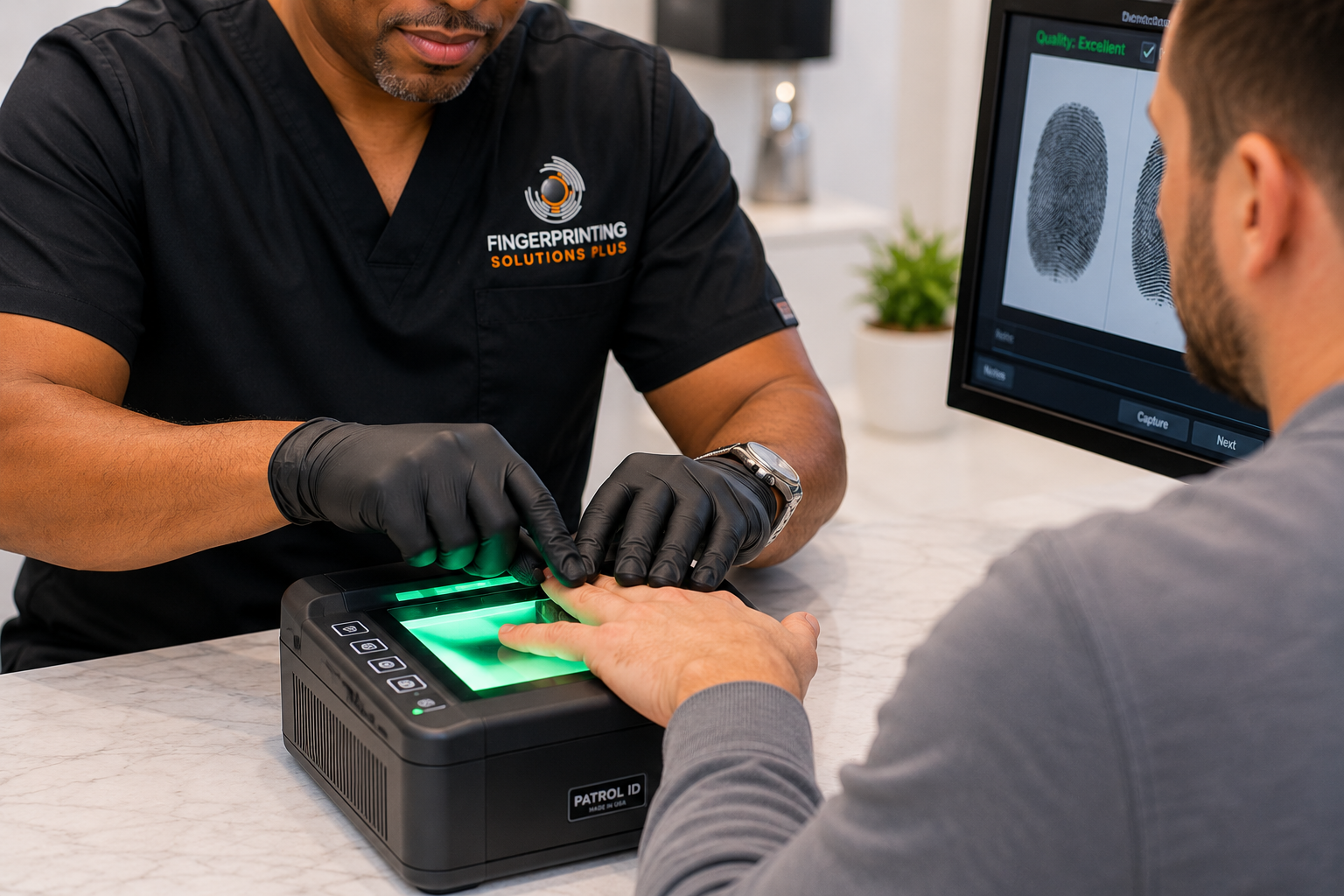 Close-up of advanced live scan fingerprint capture for ATF EFT file creation at Fingerprinting Solutions Plus in Texas.