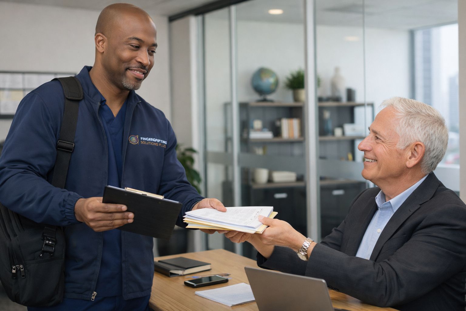 Two coworkers exchanging papers in an office, one standing and smiling as the other sits at a desk with a laptop.