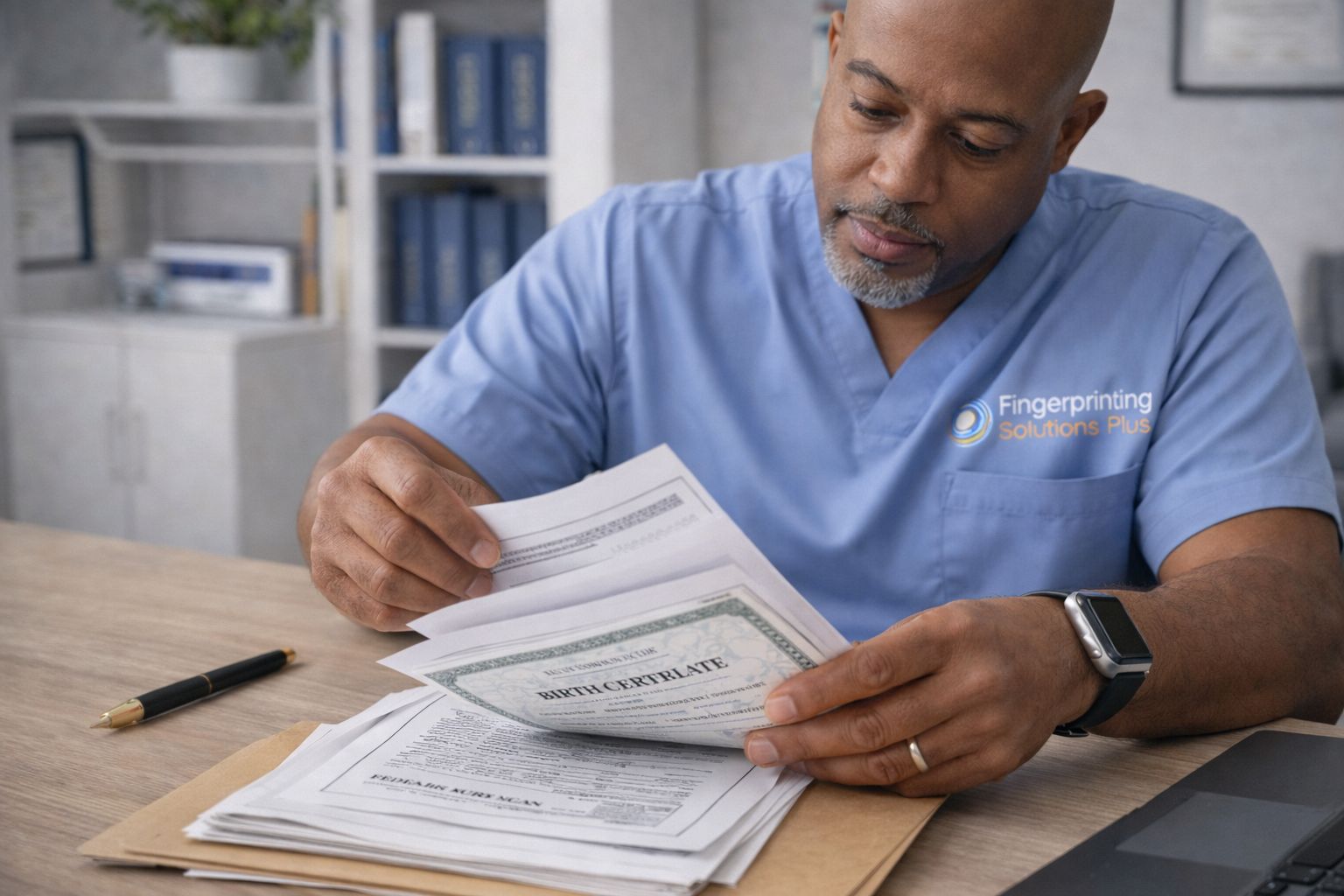 Man in blue scrubs reviewing paperwork at a desk with a pen and laptop nearby