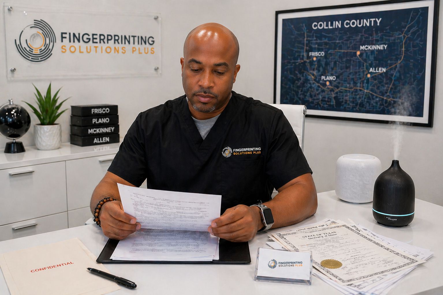 Man signing papers at a desk in a Fingerprinting Solutions Plus office, with logo and county map behind him.