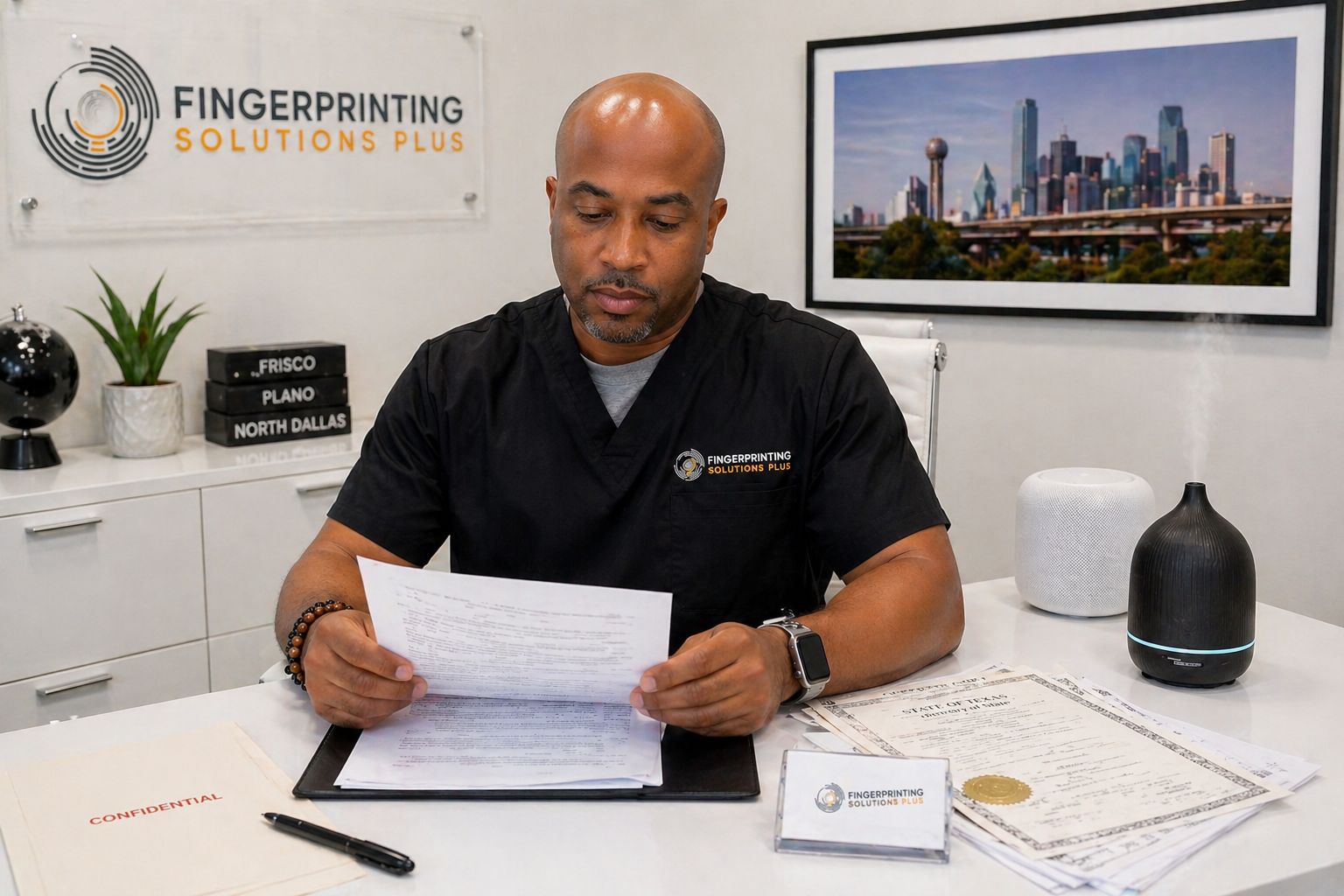 Man in black shirt reviewing papers at a desk in a fingerprinting office with logo, skyline photo, and supplies