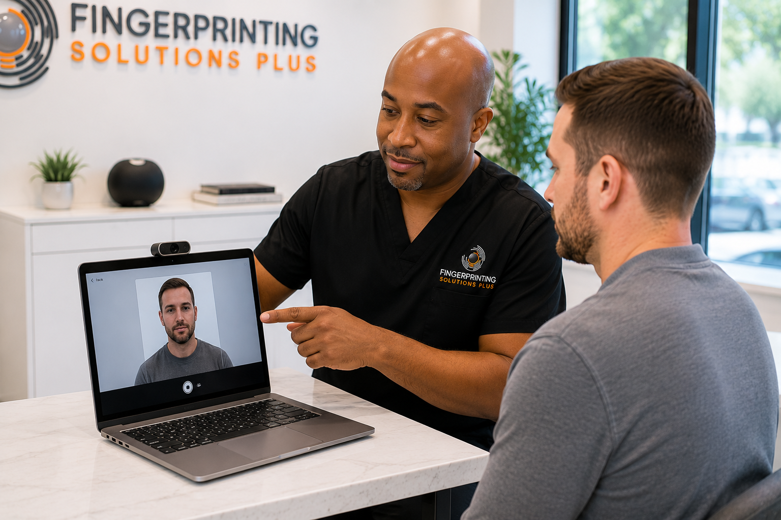 Technician at Fingerprinting Solutions Plus assisting a client with capturing an ATF-ready digital photo for eForms submission.