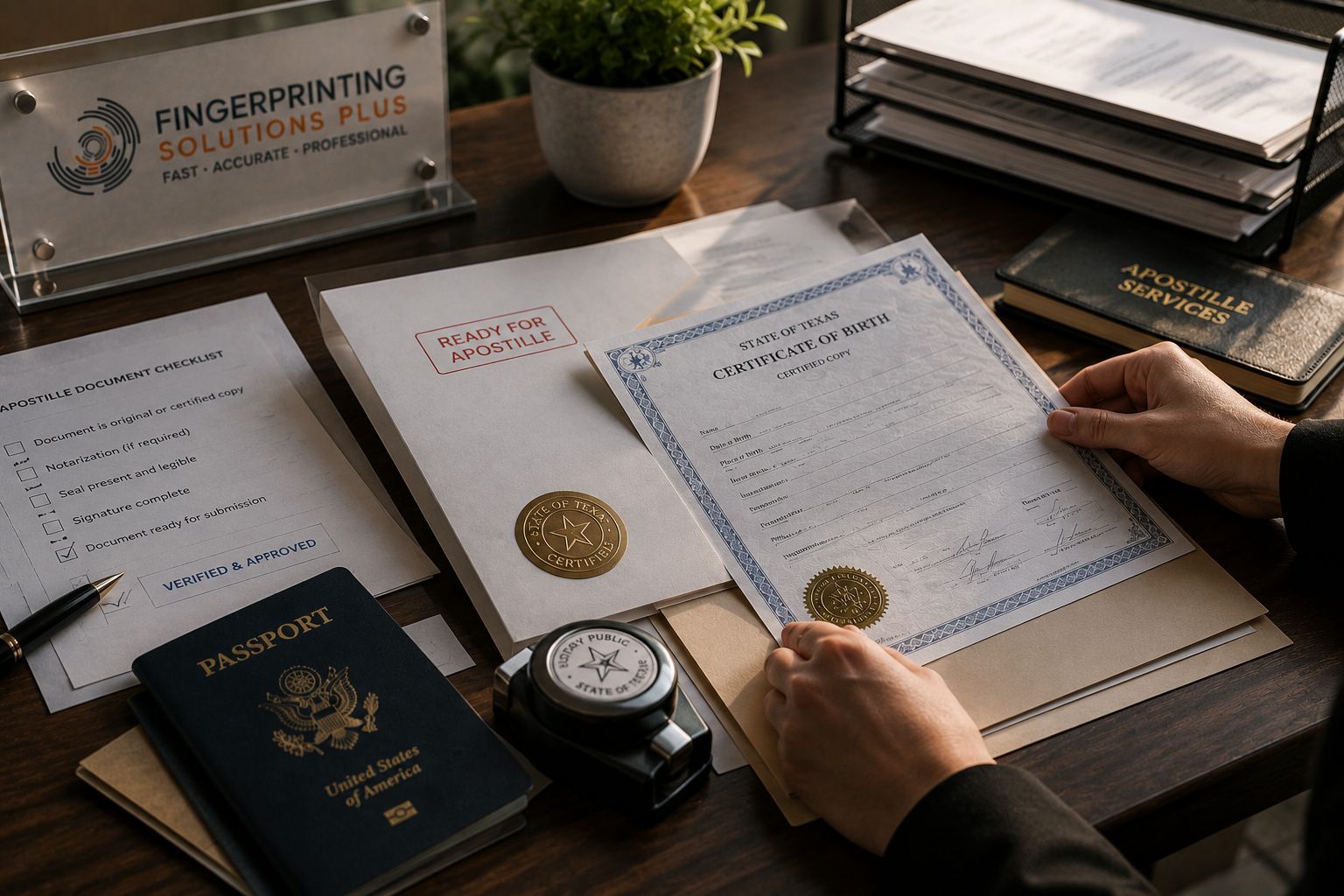 Certified documents are being prepared for apostille processing in Dallas-Fort Worth