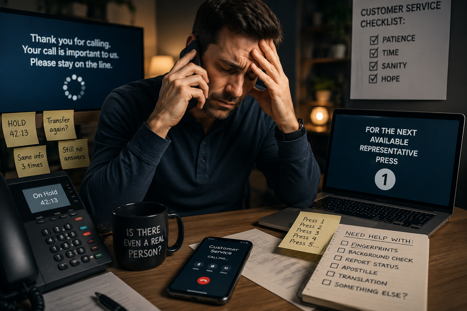 Emotionally exhausted client frustrated while navigating automated customer service systems and long