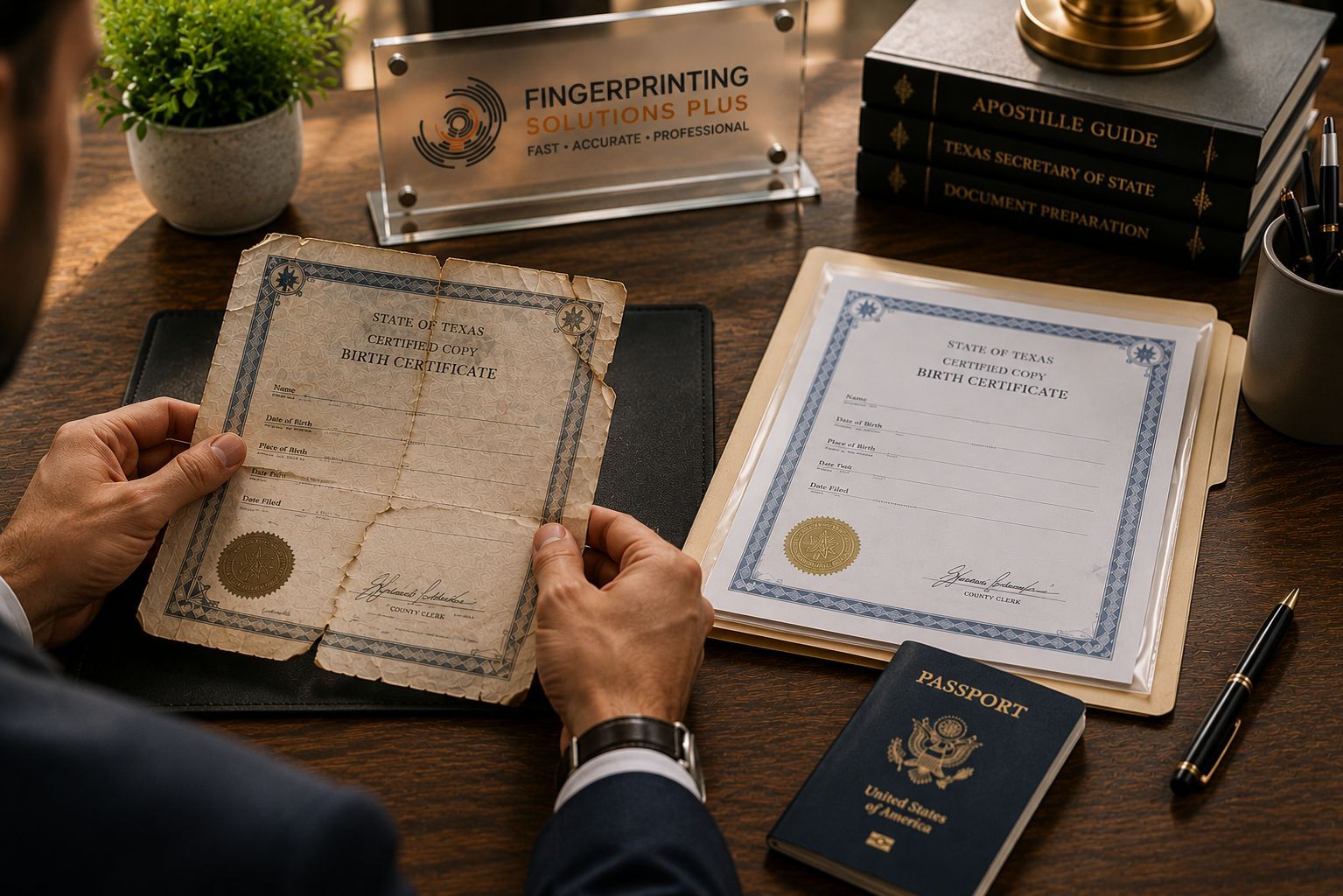 Damaged birth certificate compared to a protected certified document for apostille processing