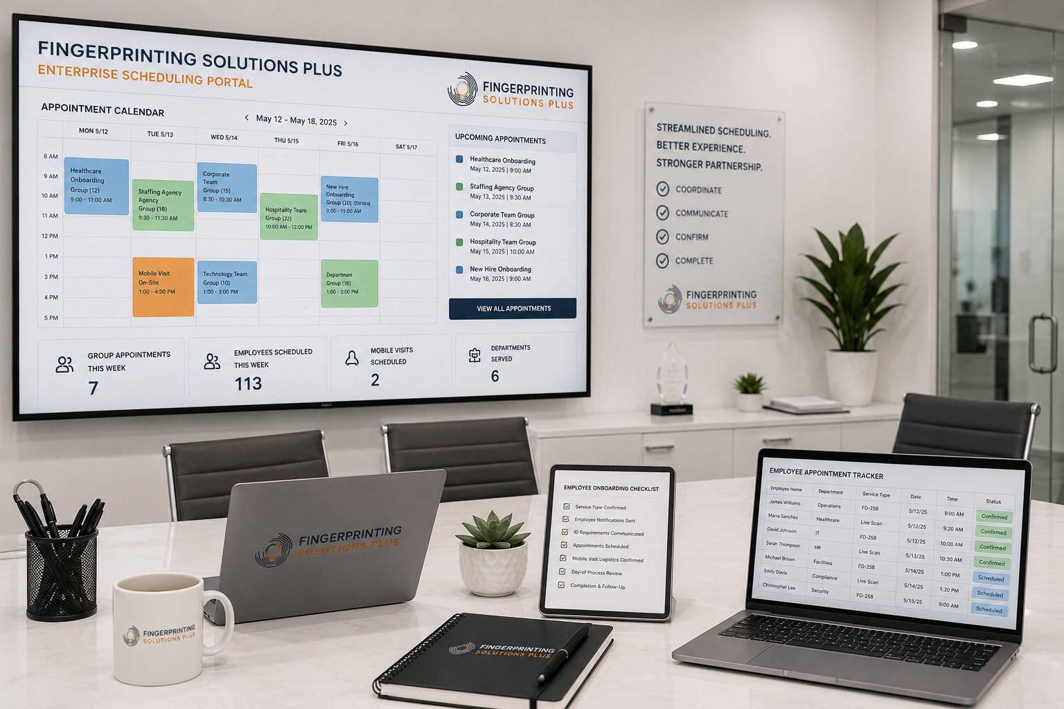 Corporate employee fingerprinting scheduling and onboarding coordination