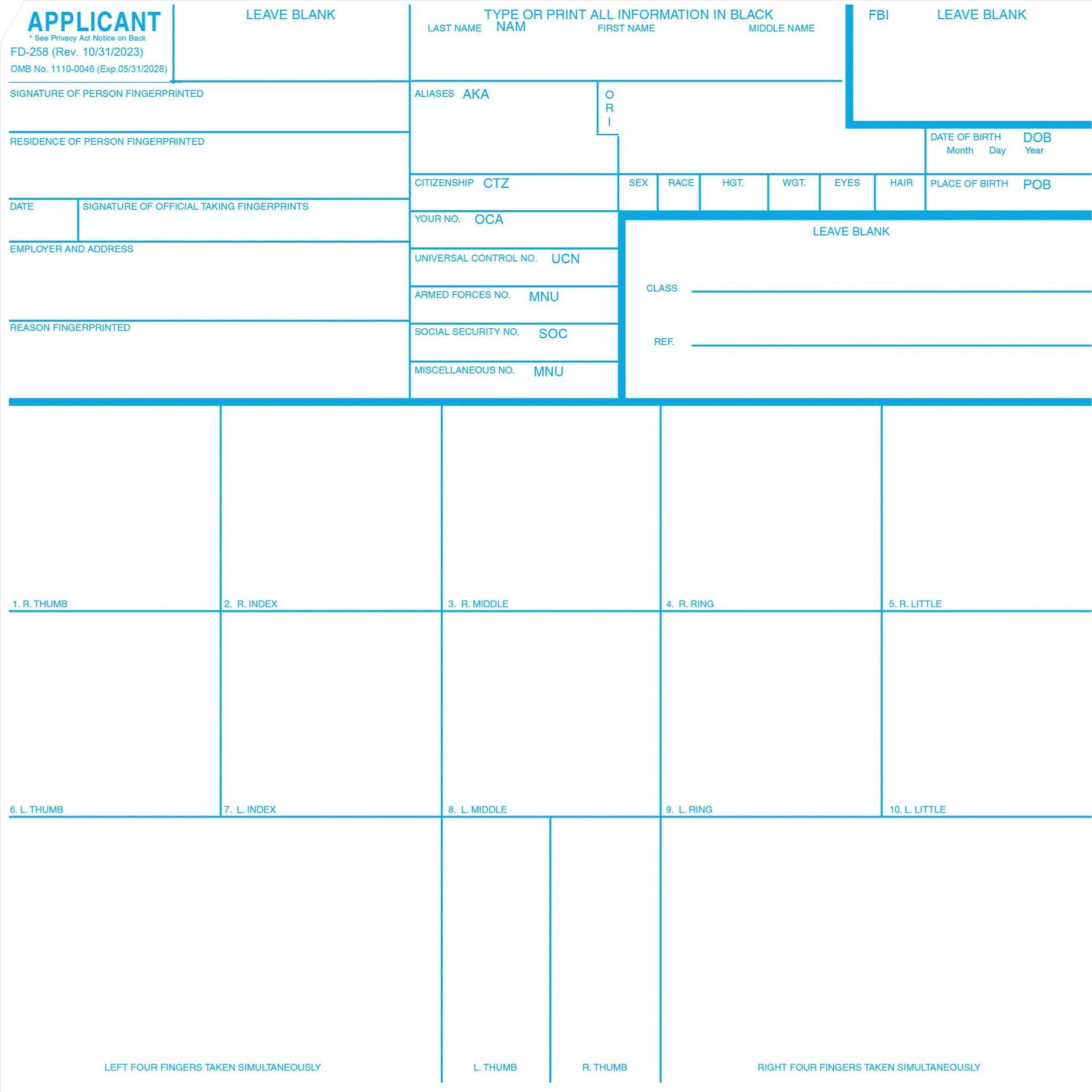 FD-258 fingerprint card for FBI background check fingerprinting services in Frisco, Texas