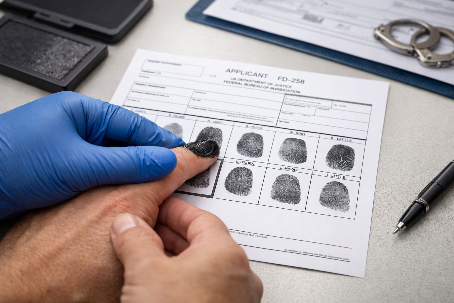Ink fingerprinting on an FD-258 fingerprint card for background checks in Frisco, Texas