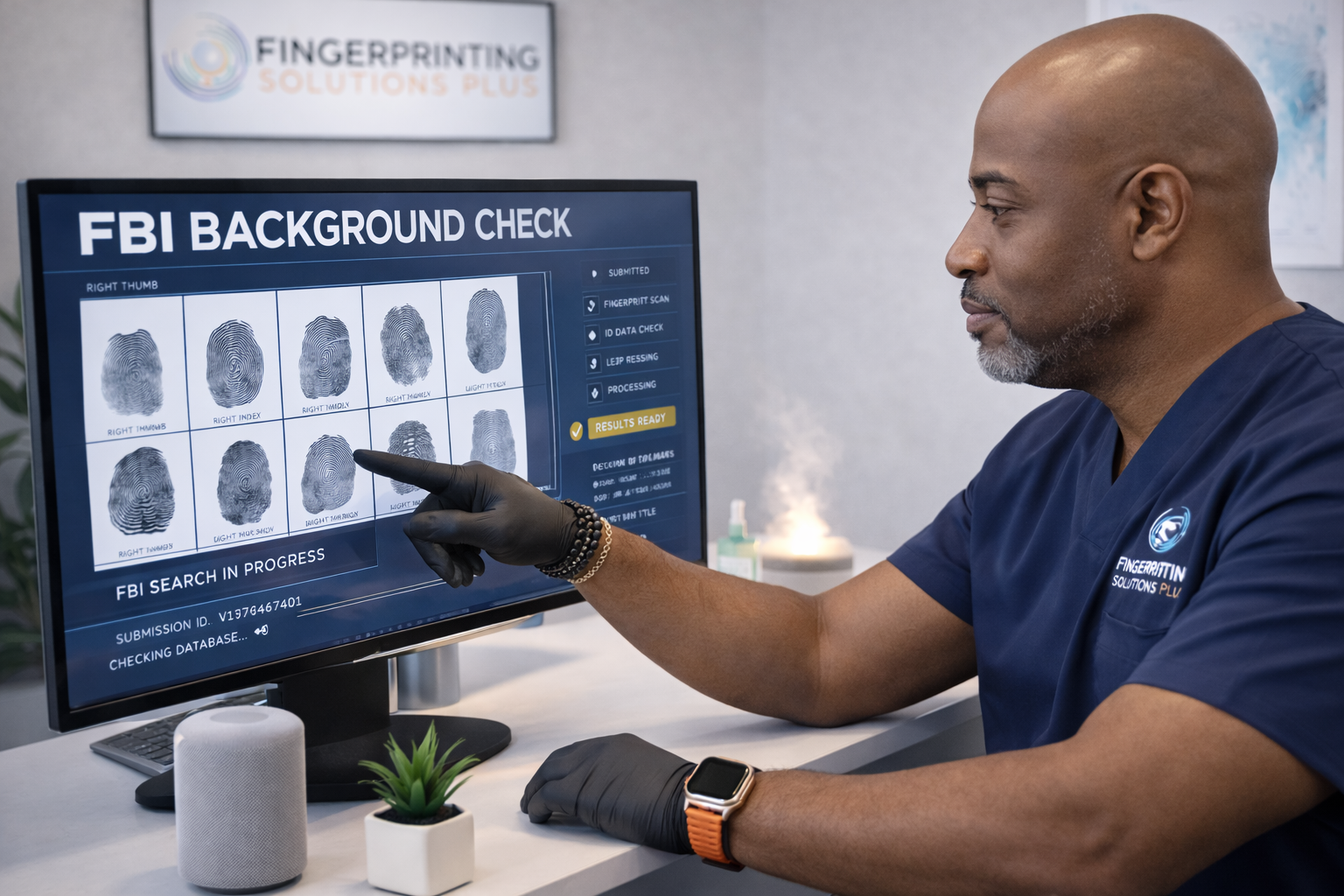 Man in navy scrubs points to fingerprint scans on a monitor labeled “FBI Background Check.”