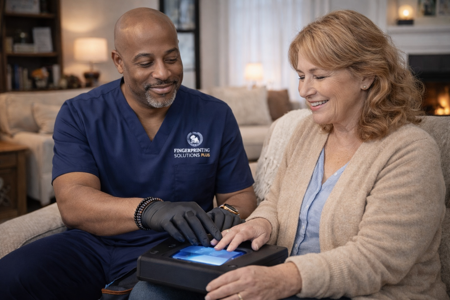 Caregiver helping a smiling woman use a tablet on her lap in a living room