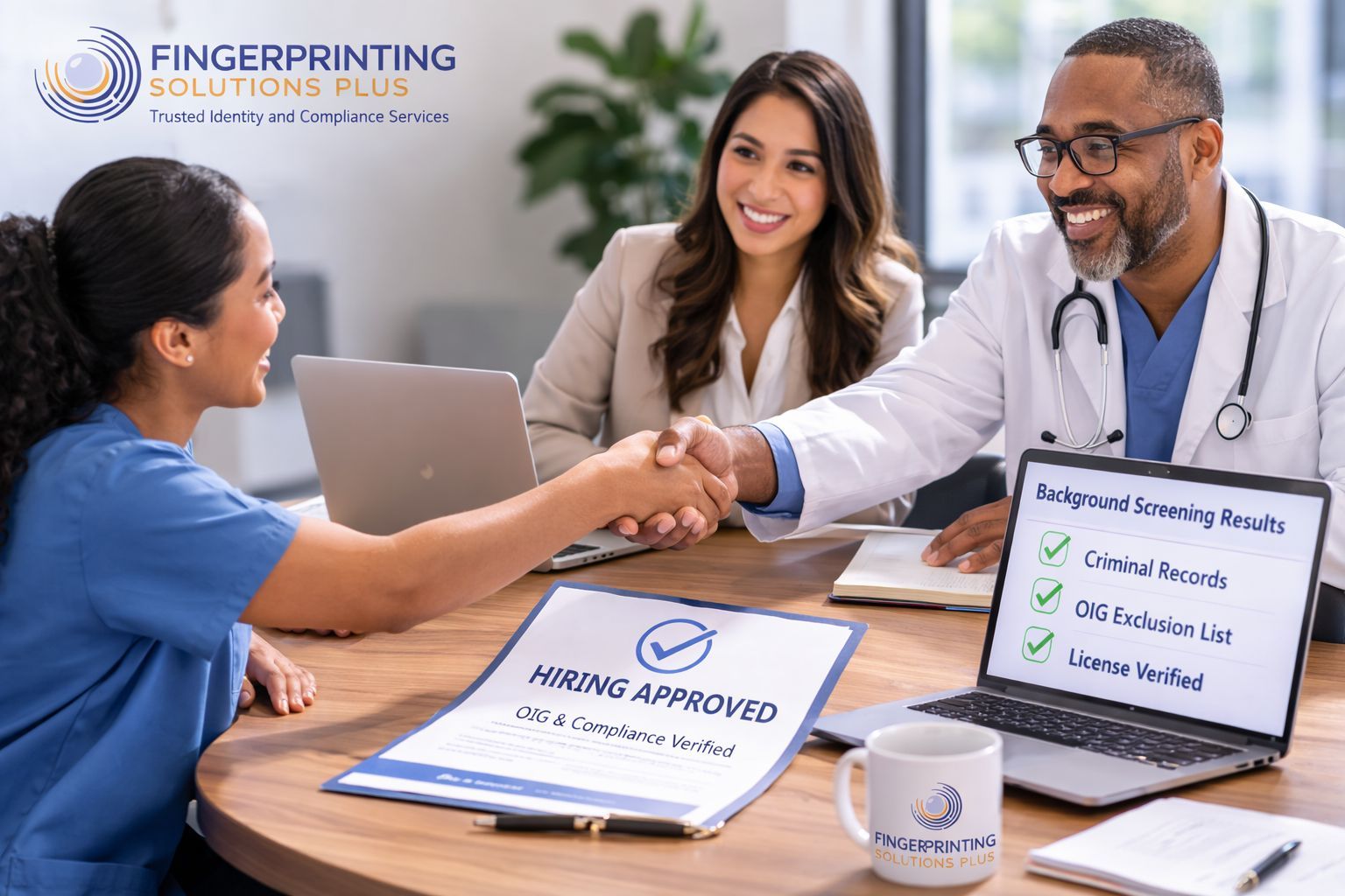 Healthcare hiring manager reviewing compliance screening results

