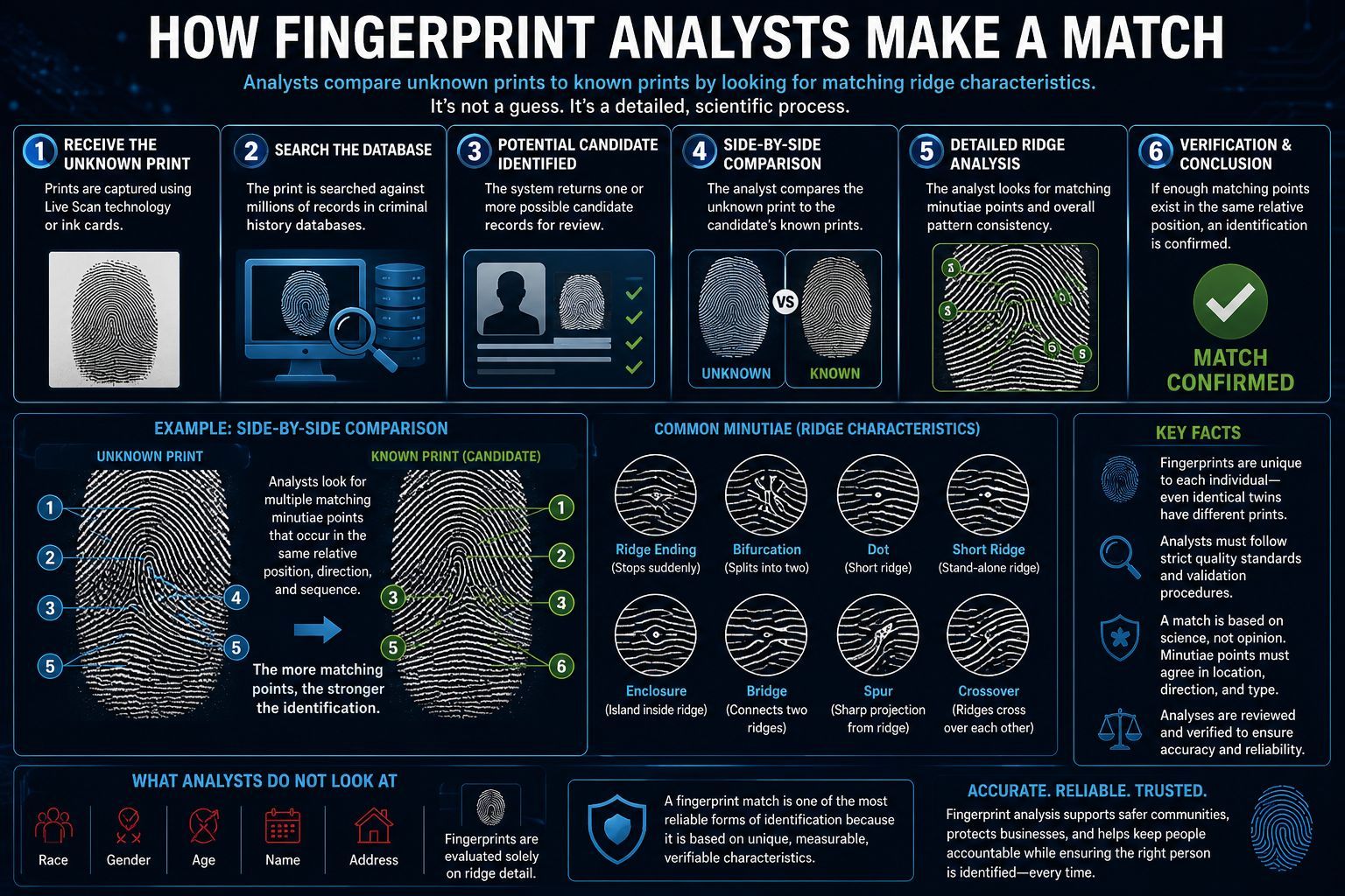Educational infographic showing how fingerprint analysts compare and match fingerprints