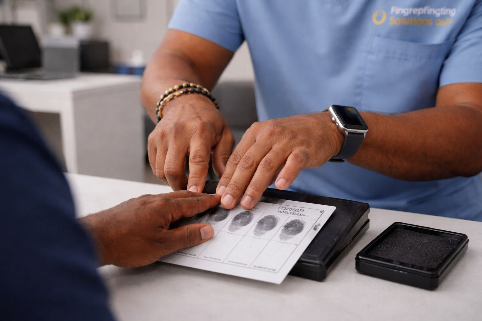 Technician performing wet ink fingerprinting on an FD-258 card in Frisco, TX