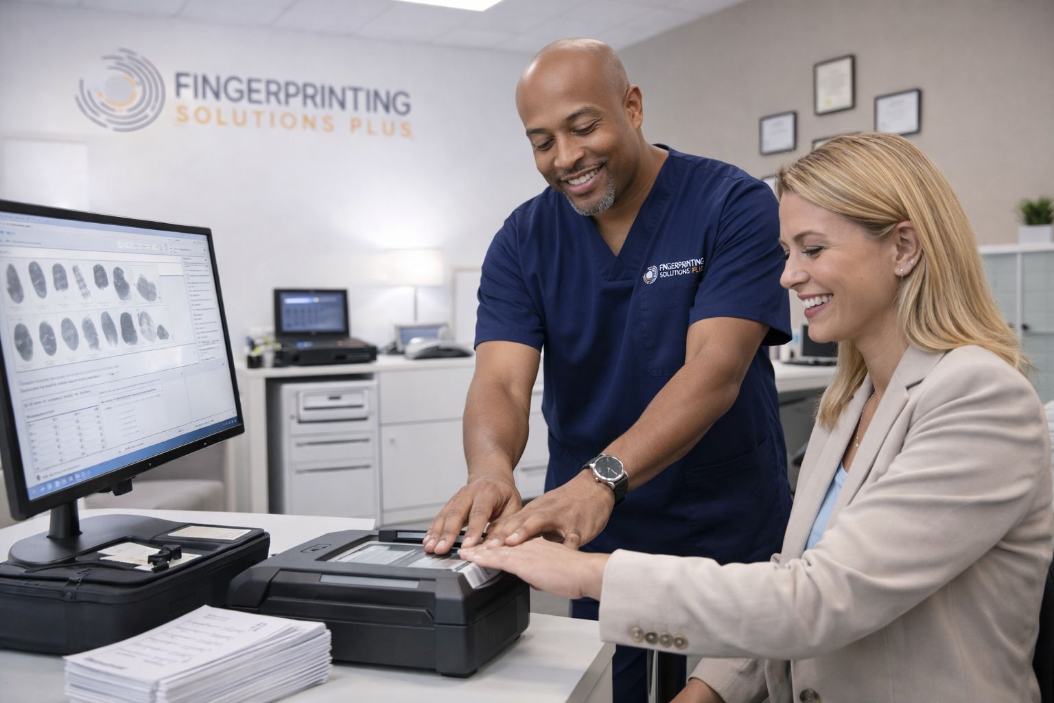A professional in a uniform helps a person scan their fingerprints on a digital machine at Fingerprinting Solutions Plus.