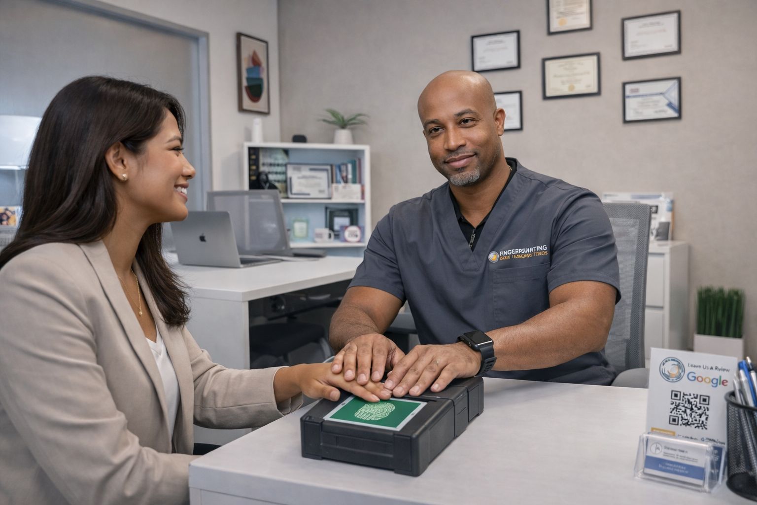 A person sits at a desk placing their hand on a fingerprint scanner, assisted by a professional in a grey medical uniform.
