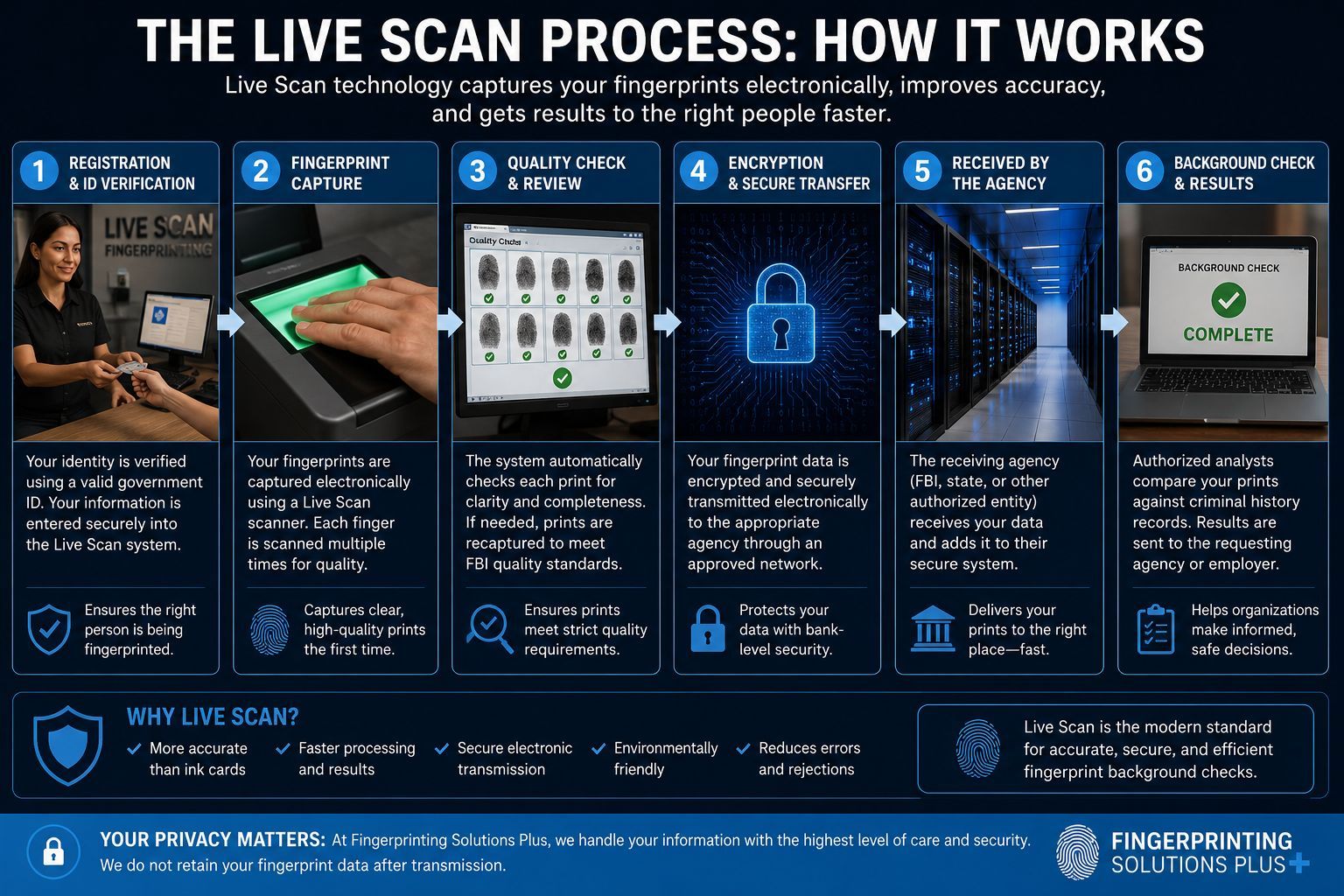 Educational infographic showing the Live Scan fingerprinting process step by step