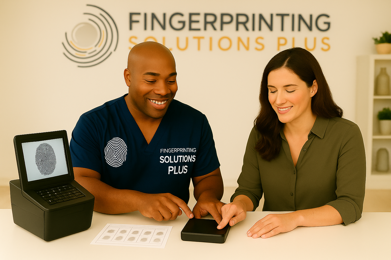 Client places hands on digital scanner while technician reviews capture on screen in modern fingerprinting office.
