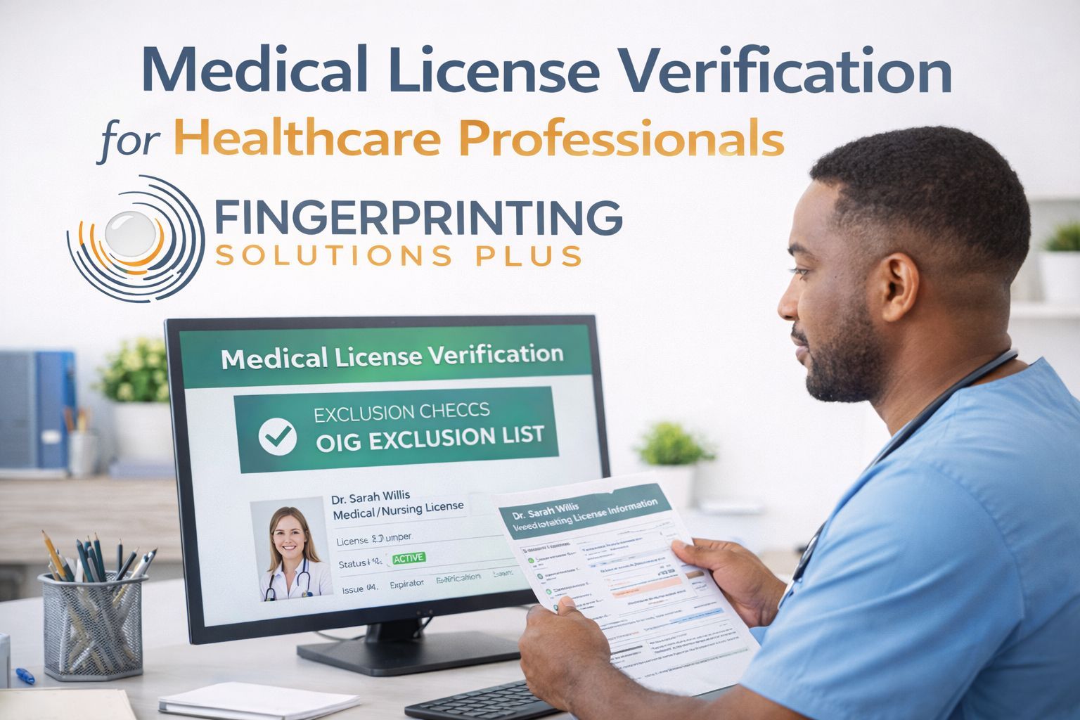 Healthcare employer verifying medical license credentials on a computer