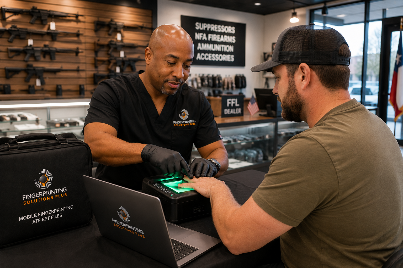 Mobile ATF EFT fingerprinting services for gun shops and FFL dealers by Fingerprinting Solutions Plus in Texas.