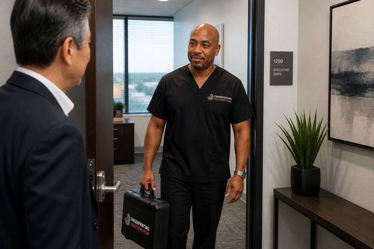 A man in a black uniform is greeting a visitor at an office doorway, holding a briefcase.