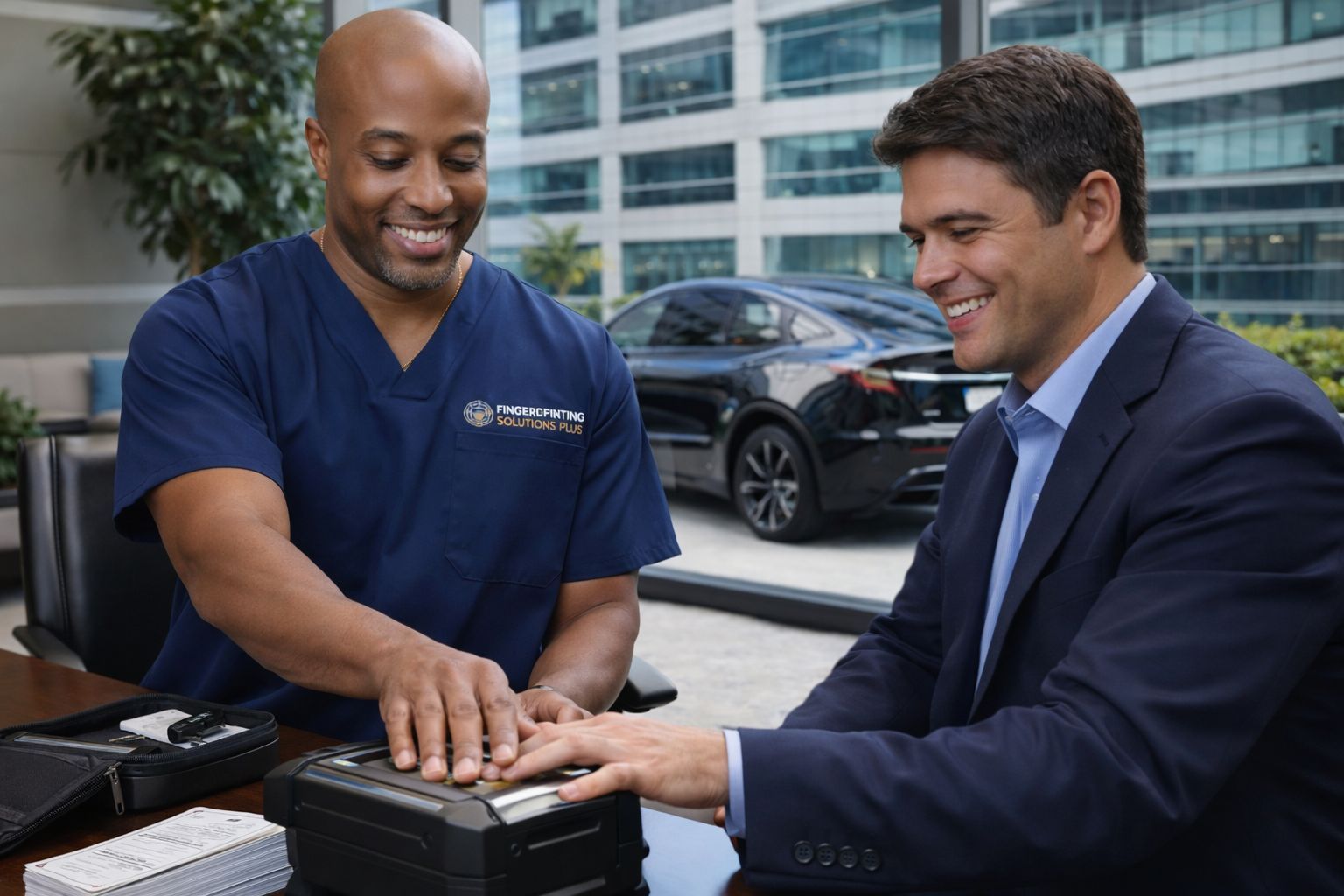 Two men in business attire and scrubs press a fingerprint scanner on a table outdoors.