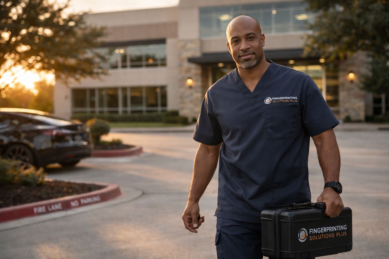 Medical worker in navy scrubs walking outside a clinic, carrying a black case at sunset.