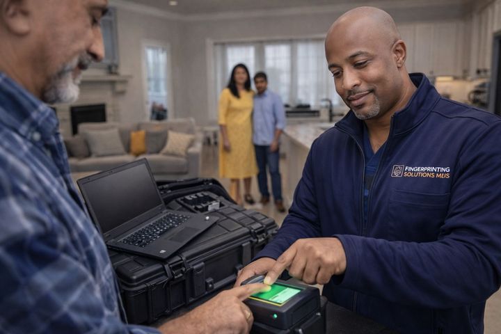 Mobile fingerprinting service in Frisco, TX, performed in a home setting with professional equipment