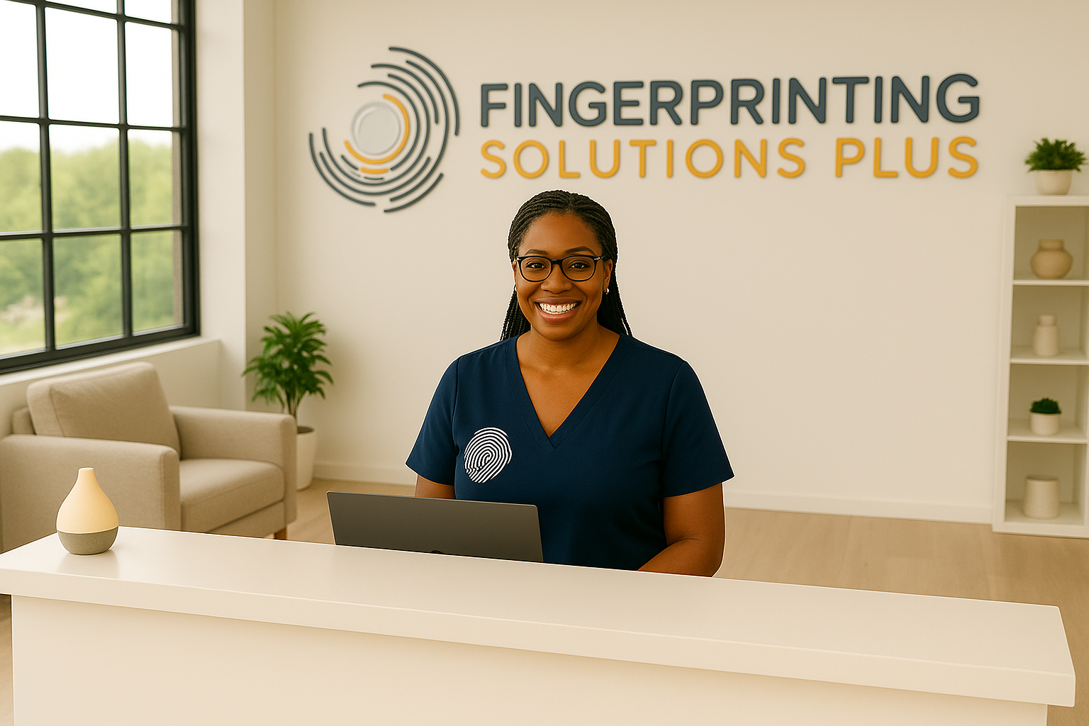 Fingerprinting Solutions Plus reception with branded signage, seating, and a visible fingerprinting kiosk.