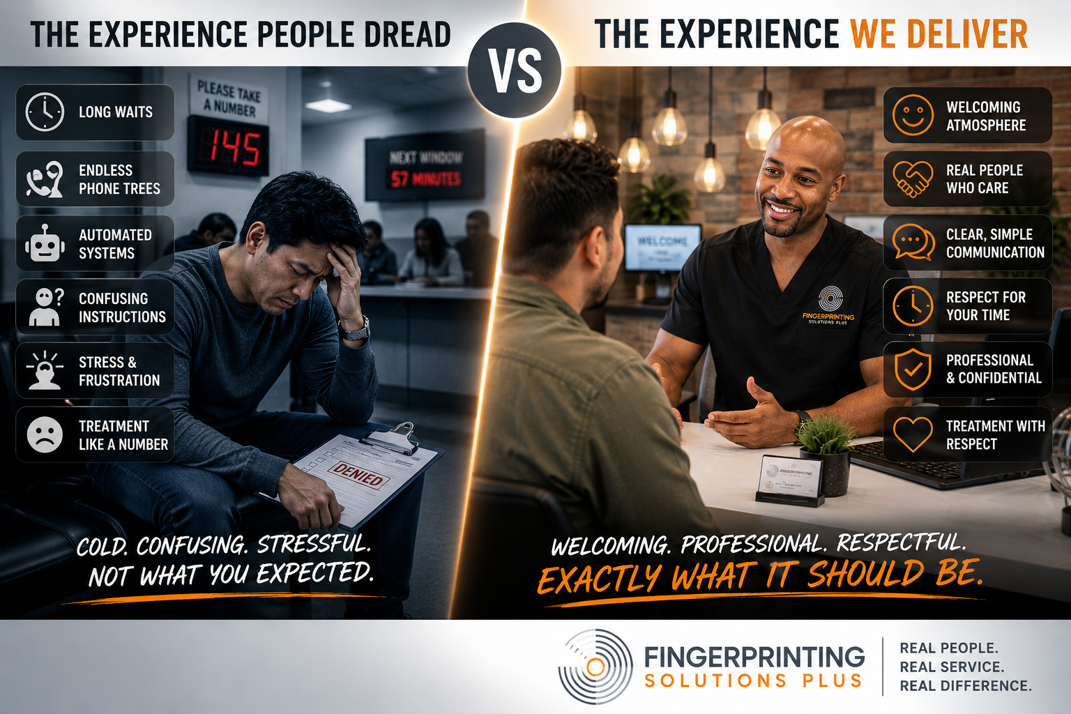 Side-by-side comparison showing a cold, transactional fingerprinting experience versus a welcoming and professional consultation experience