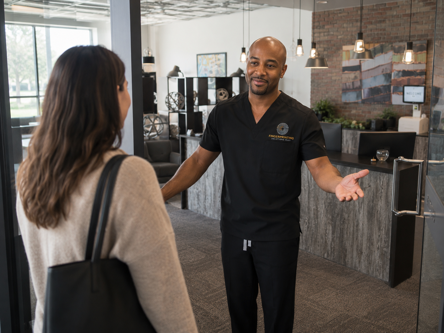 A welcoming fingerprint technician greets a nervous first-time client inside a modern professional office lobby