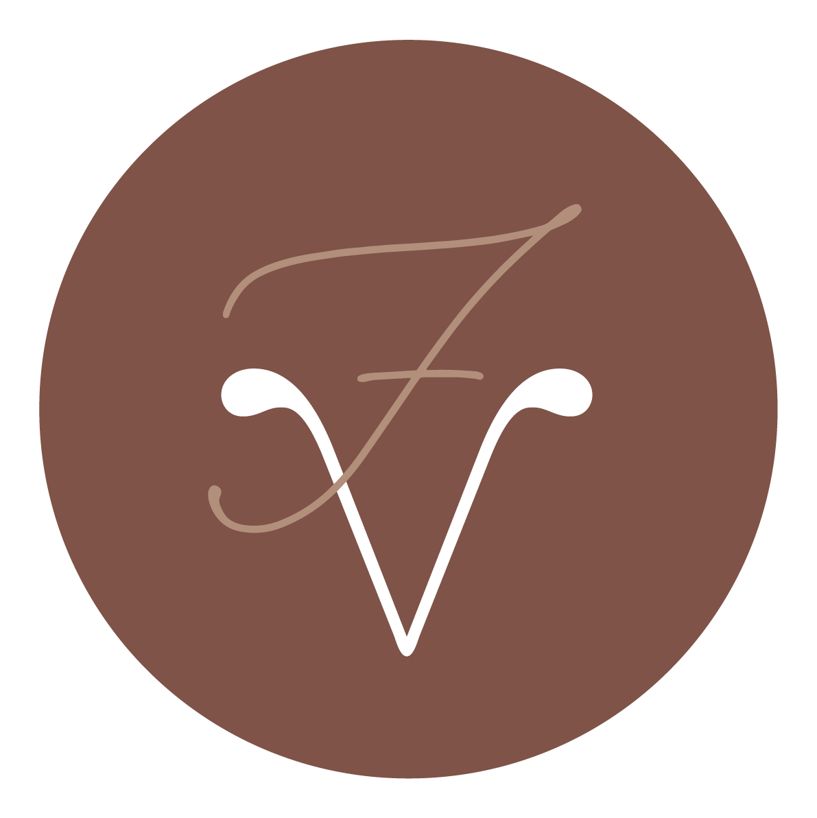 C&iacute;rculo marrom com logotipo "FV" estilizado em branco e marrom claro.